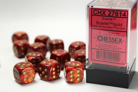 CHX 27614 Scarab Scarlet/gold 16mm d6 Dice Block (12 dice)