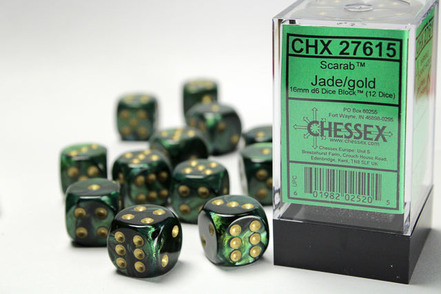 CHX 27615 Scarab Jade/gold 16mm d6 Dice Block (12 dice)