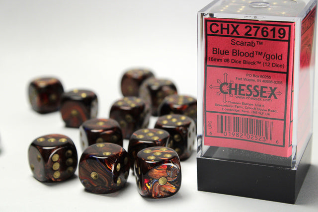 CHX 27619 Scarab Blue Blood/gold 16mm d6 Dice Block (12 dice)