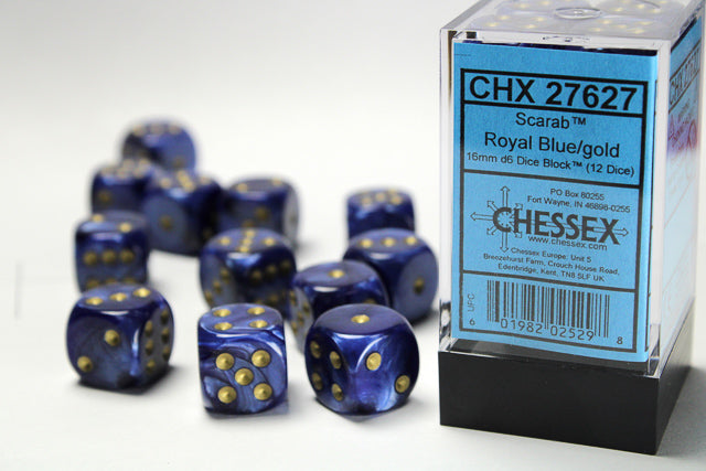 CHX 27627 Scarab Royal Blue/gold 16mm d6 Dice Block (12 dice)