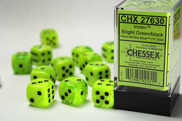 CHX 27630 Vortex Bright Green/black 16mm d6 Dice Block (12 dice)