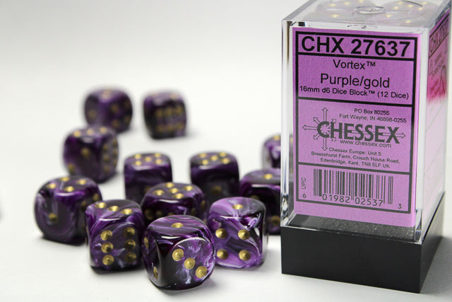 CHX 27637 Vortex Purple/gold 16mm d6 Dice Block (12 dice)
