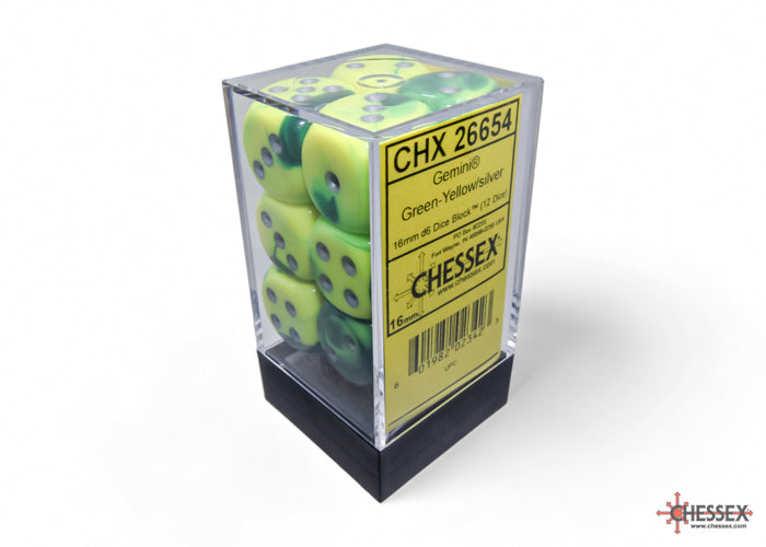CHX 26654 Gemini Green-Yellow/silver 16mm d6 Dice Block (12 dice)
