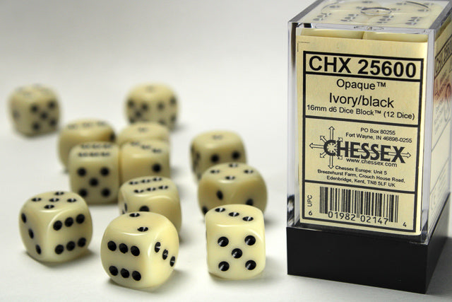 CHX 25600 Opaque Ivory/Black 16mm D6 Dice Set