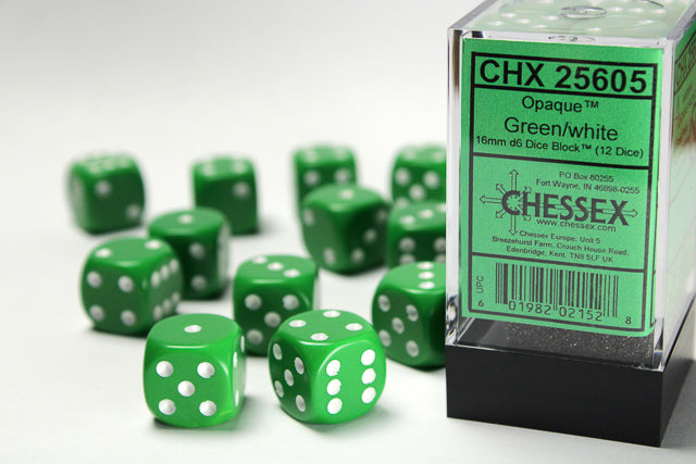 CHX 25605 Opaque Green/White 16mm D6 Dice Set