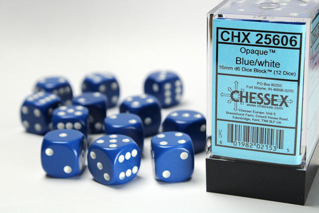 CHX 25606 Opaque Blue/White 16mm D6 Dice Set