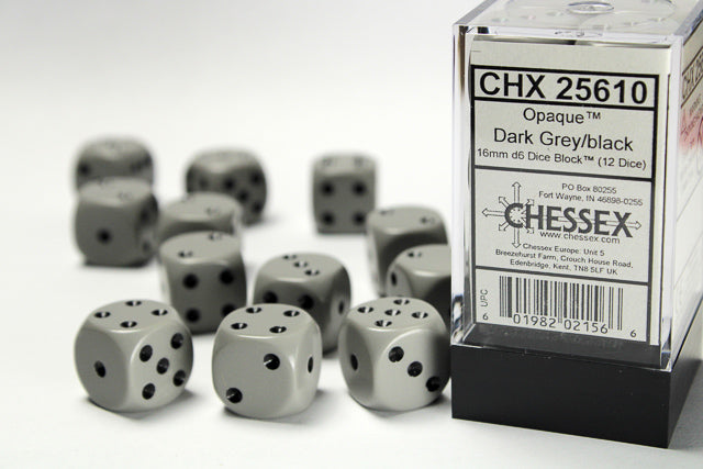 CHX 25610 Opaque Dark Grey/Black 16mm D6 Dice Set