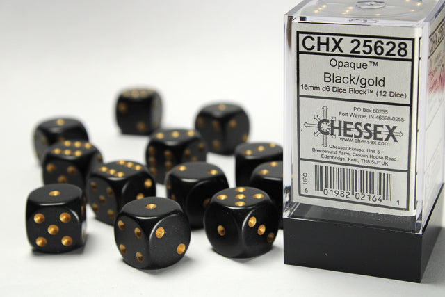 CHX 25628 Opaque Black/Gold 16mm D6 Dice Set