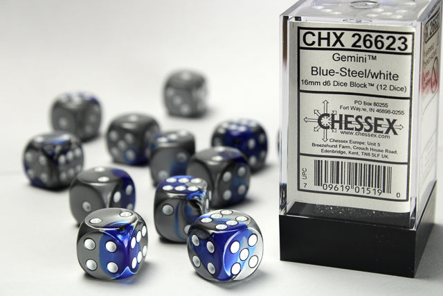 CHX 26623 Gemini Blue Steel/White 16mm D6 Dice Set