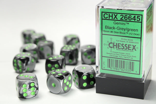 CHX 26645 Gemini Black Grey/Green 16mm D6 Dice Set