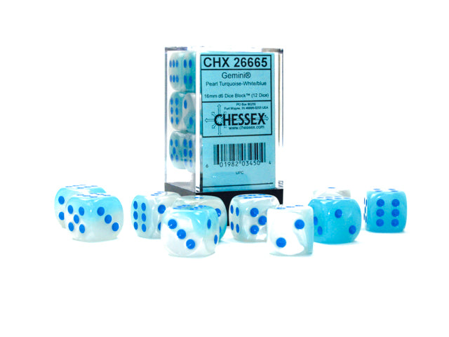 CHX 26665 Gemini Pearl Turquoise White/Blue 16mm D6 Dice Set