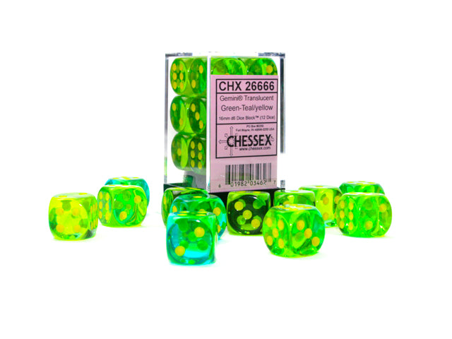 CHX 26666 Gemini Translucent Green Teal/Yellow 16mm D6 Dice Set