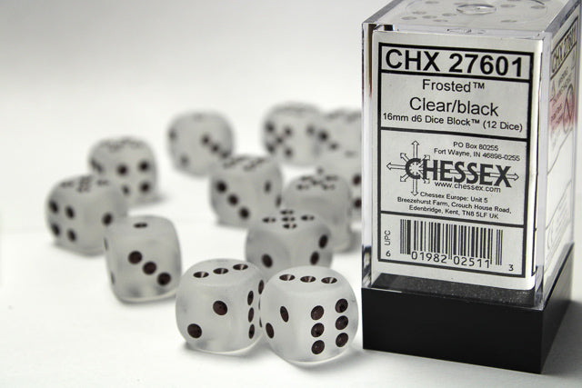 CHX 27601 Frosted Clear/Black 16mm D6 Dice Set