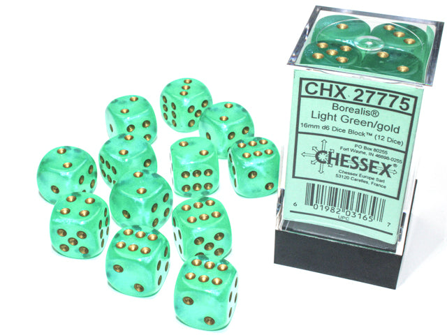 CHX 27775 Borealis Light Green/Gold 16mm D6 Dice Set