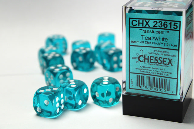 CHX 23615 Translucent Teal/White 16mm D6 Dice Block