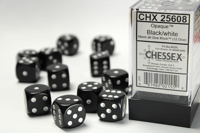 CHX 25608 Opaque Black/White 16mm D6 Dice Block