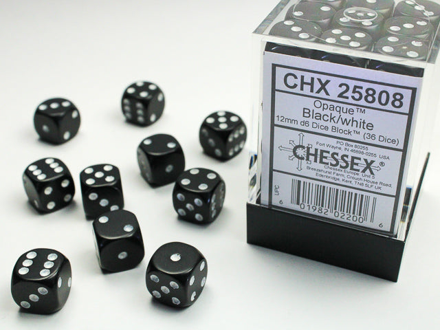 CHX 25808 Opaque Black/White 12mm D6 Dice Block