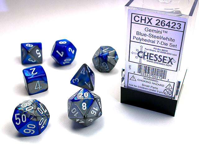 CHX 26423 Gemini Blue-Steel/White Polyhedral 7 Die Set