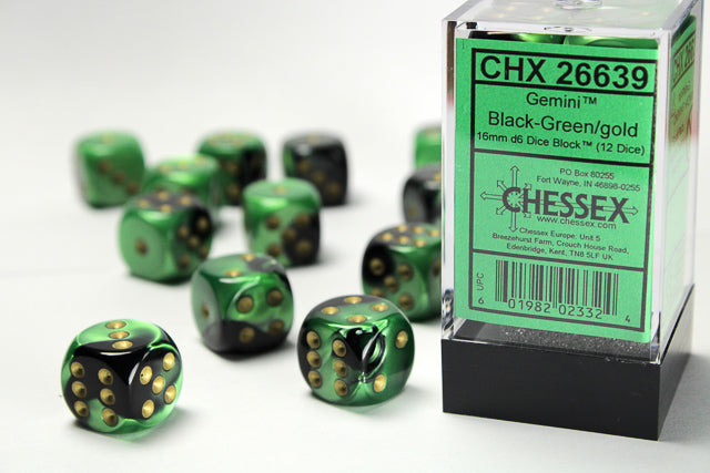 CHX 26639 Gemini Black-Green/Gold 16mm D6 Dice Block
