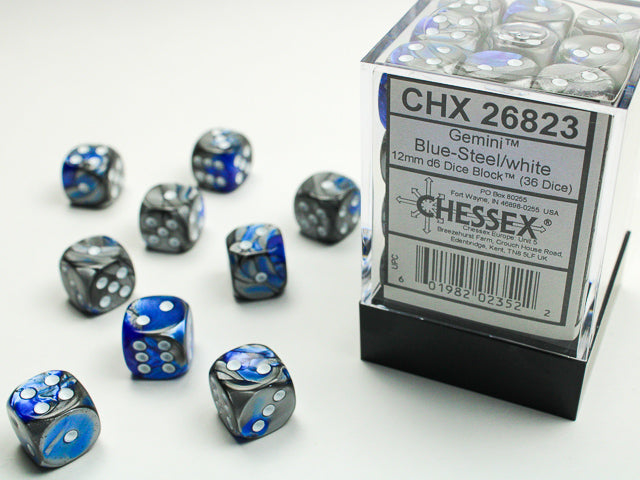 CHX 26823 Gemini Blue-Steel/White 12mm D6 Dice Block